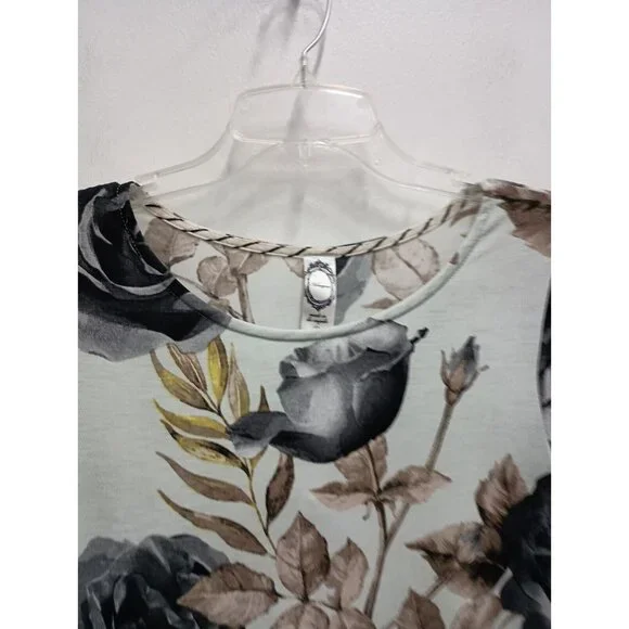 Honeyme Womens BOHO Mini Dress Size Small Light Blue Floral 3/4 Sleeve Stretch - Picture 2 of 6